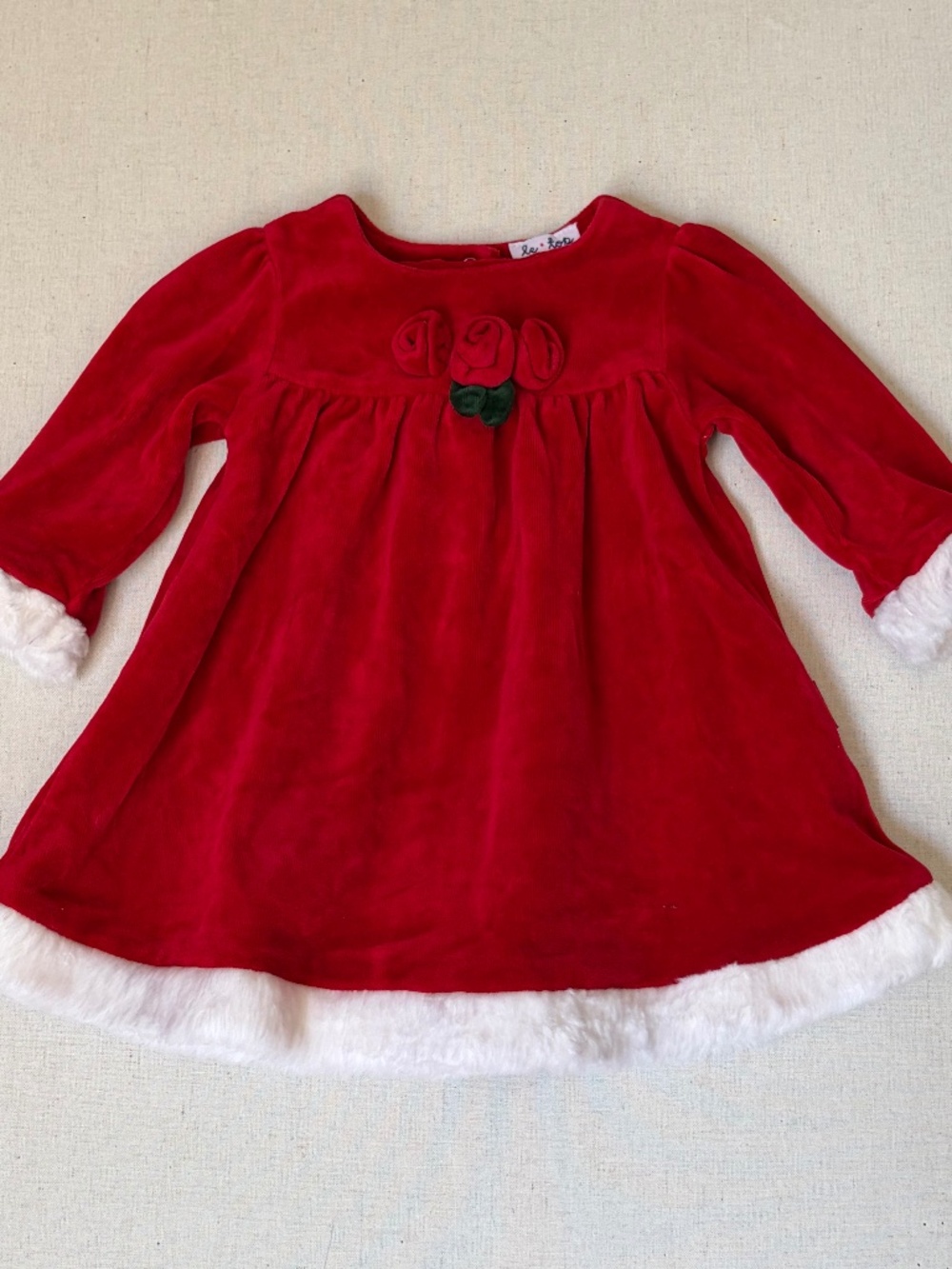 Le Top Red Velour Christmas Dress With Rosettes & White Fur Trim Size 6 months